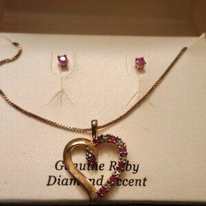 Gold Heart Necklace with Ruby Accents